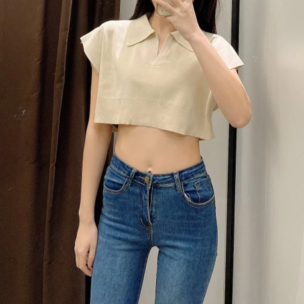 

Women Korean Style Lapel Casual Short Leaky Tripe Button Knit T-Shirt Solid Color Long-Sleeved Lapel Single-Breasted Coat