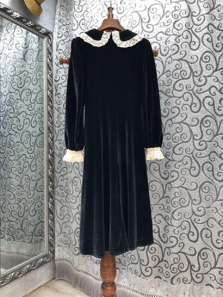 

Retro Dress Vintage 2021 Autumn Winter Party Evening Women Peter Pan Collar Lace Patchwork Beading Buttons Long Sleeve Dress