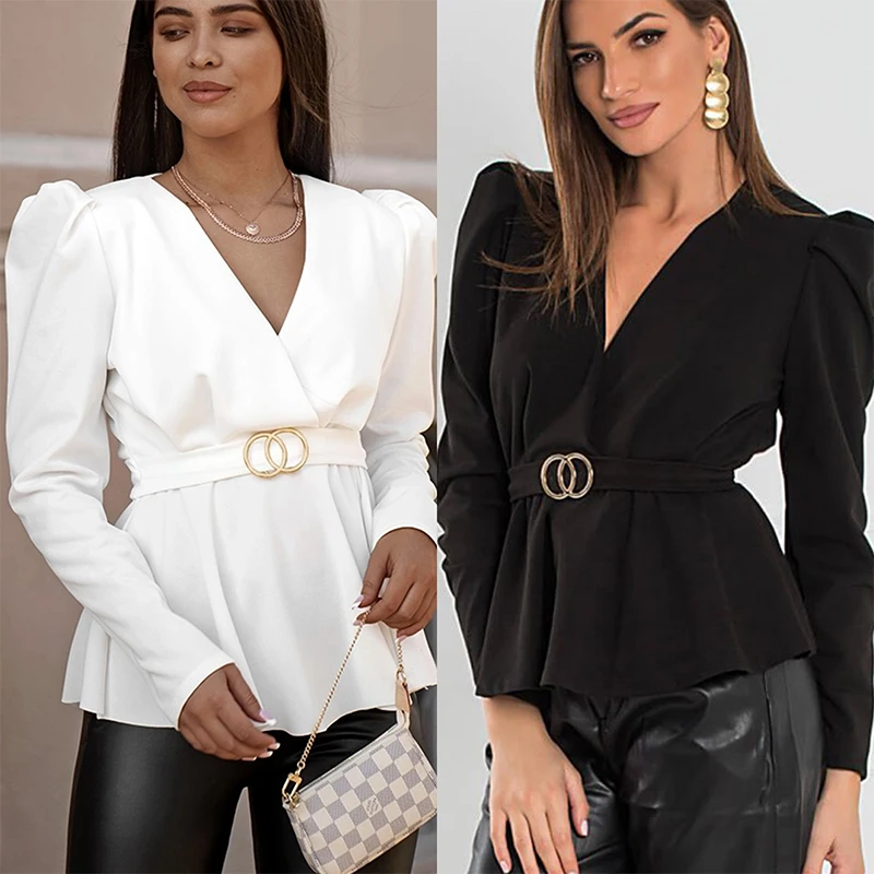 Модная пикантная однотонная блузка с глубоким вырезом и оборками женская