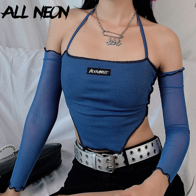 

ALLNeon Y2K Fashion Ribbed Anomalistic Hem Cropped Tops with Mesh Sleeve E-girl Backless Lace Up Halter Tanks Streetwear 90s