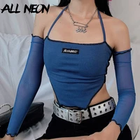 allneon y2k fashion ribbed anomalistic hem cropped tops with mesh sleeve e girl backless lace up halter tanks streetwear 90s