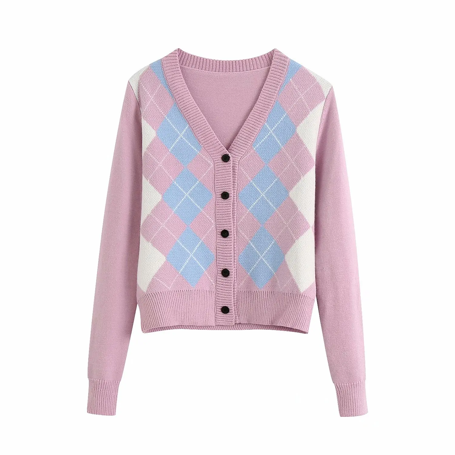 

High Street Women's Sweaters 2020 New European and American Style Argyle Pattern V-neck Long-sleeve Knitted Cardigan Sweater