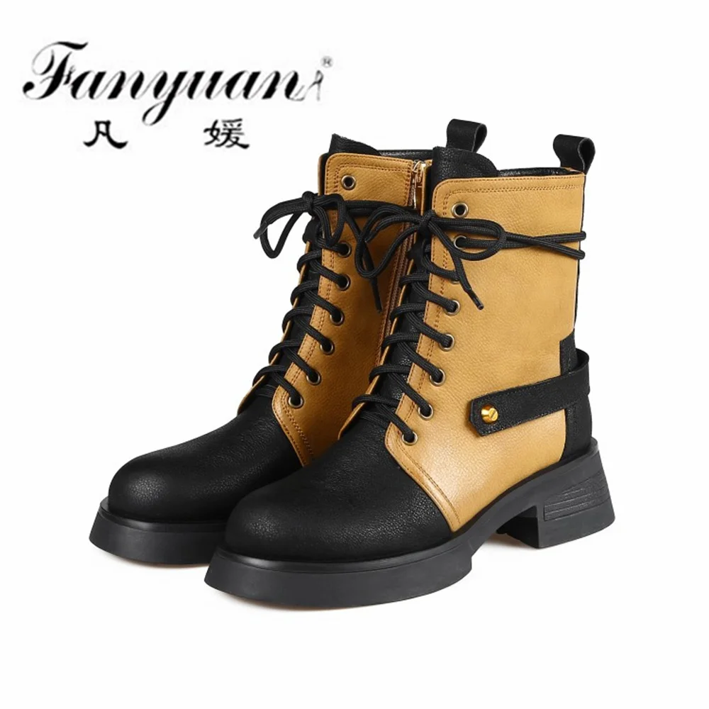 

Fanyuan Casual Women Fashion Mixed color Motorcycle Ankle Boots Lace-Up Genuine Leather Platforms Flats Autumn Winter Shoes