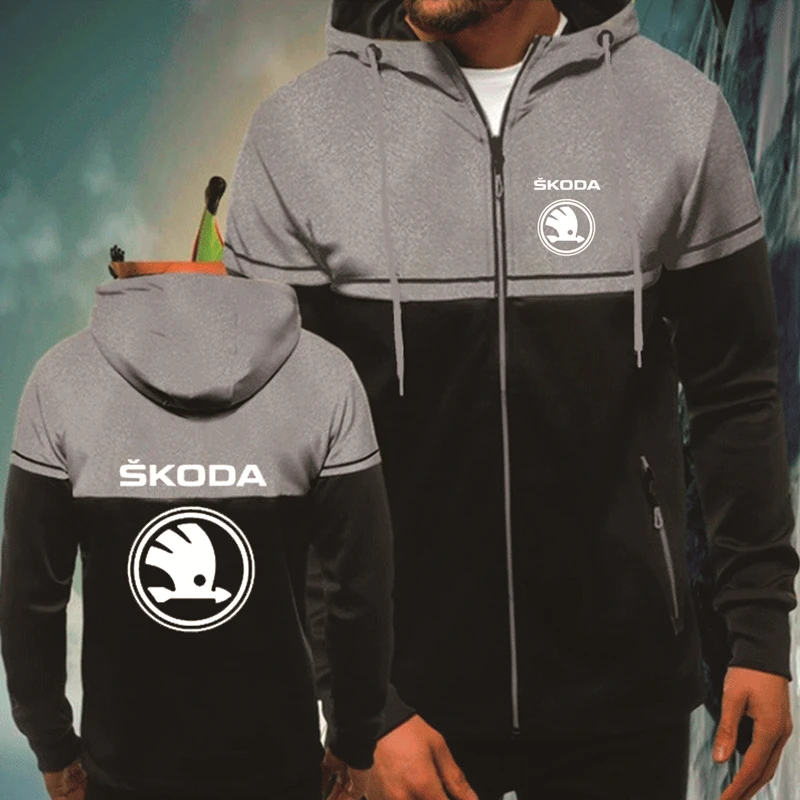 

Fashion Spring Autumn Men's Zip Jacket Skoda Car Logo printing Hoodie Splicing Collocation Harajuku Men's sweatshirt