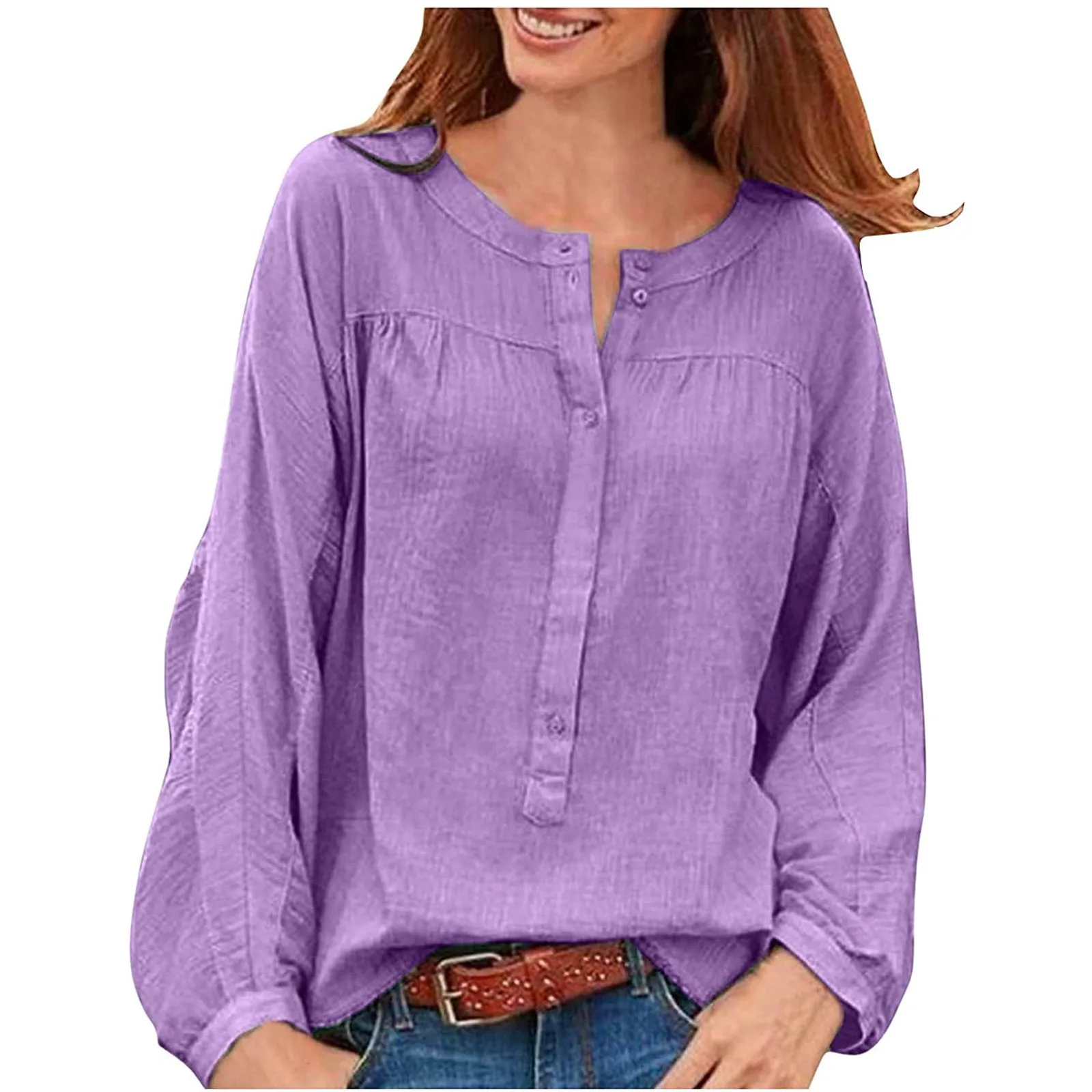 

tshirt women 2021 Plus Size Top O-Neck Solid Color Long Sleeve Casual Loose Fit Tunic Blouse camisetas de mujer