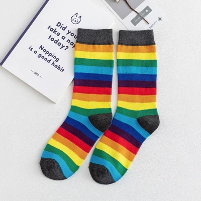 grey top Блестящие цветные модные хлопковые радужные женские носки, Осенние новые высокие носки-трубы, яркие солнечные носки в полоску, высококачественные теплые длинные носки - Цвет: grey top