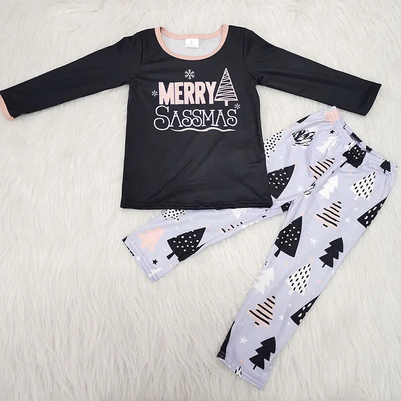 

free shipping Christmas baby girl outfit christmas tree black top and long pant set outfit kids clothing set toddler clothes