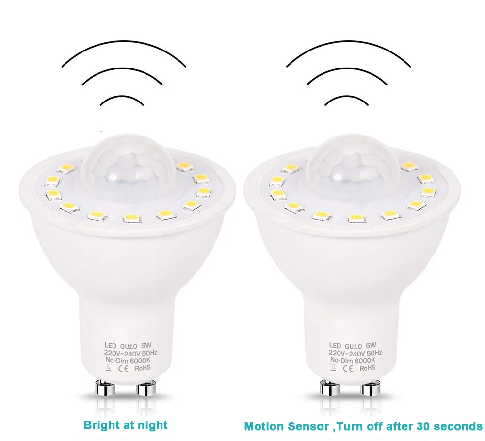 Paquete de 2 bombillas LED con Sensor de movimiento GU10 PIR, 5W,50W...