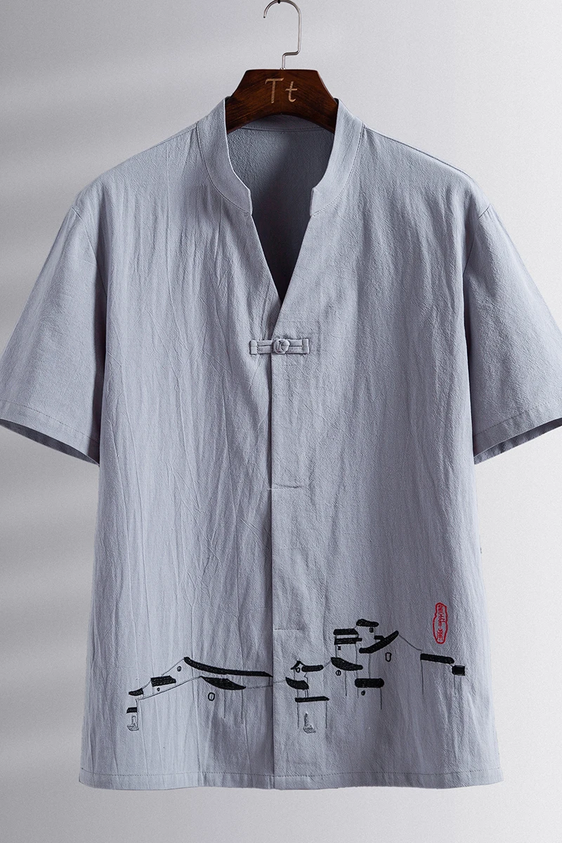 

Chinese style Mens Cotton and Linen embroidery Short sleeve T-shirt+Pant Sets Men Solid Sport Suit Casual Tracksuit Male