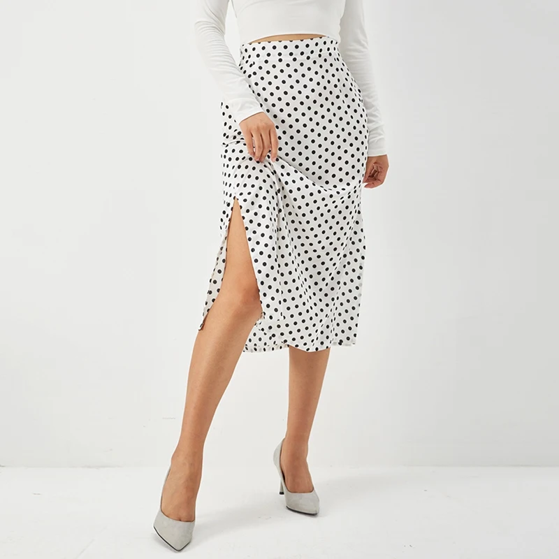 

High Waist Mid-Length Zipper Polka Dot Skirt Women New Fashion Women's Slim Fit Split Satin Bread Hip Skirt