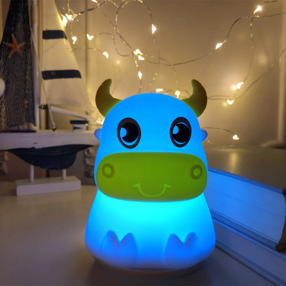 Cow LED Night Light Touch Sensor Colorful Silicone Cattle Bull Lamp USB Rechargeable Bedroom Bedside for Children Baby Gift | Лампы и