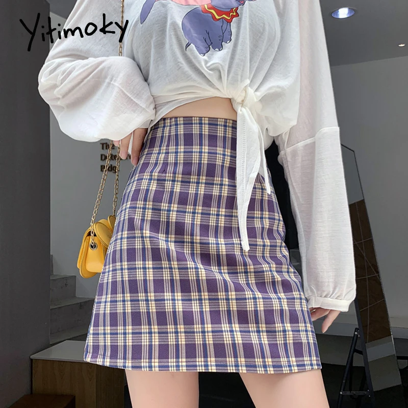 Yitimoky зеленый клетчатая юбка женская 2021 узкое платье в винтажном стиле С высокой