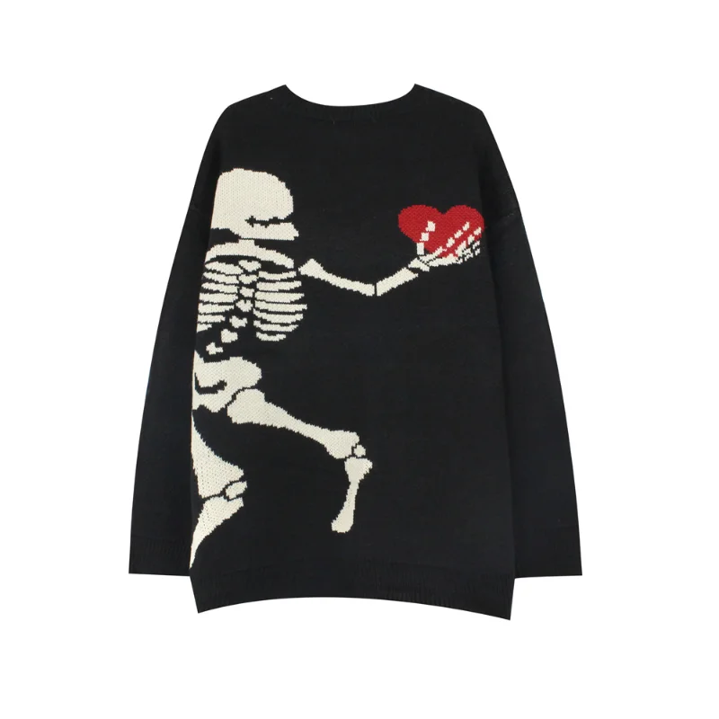 2021 Skull Skeleton Heart Print Black Punk Vintage Men Knitted Sweater Hip Hop Women Pullovers Gothic Clothes For Teens Sueter