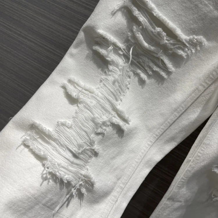 

2021 New Handsome Hole Jeans Spring Fashion Brand High Waist 100%Cotton White Jeans Office Lady Versatile Washed Stright Jeans