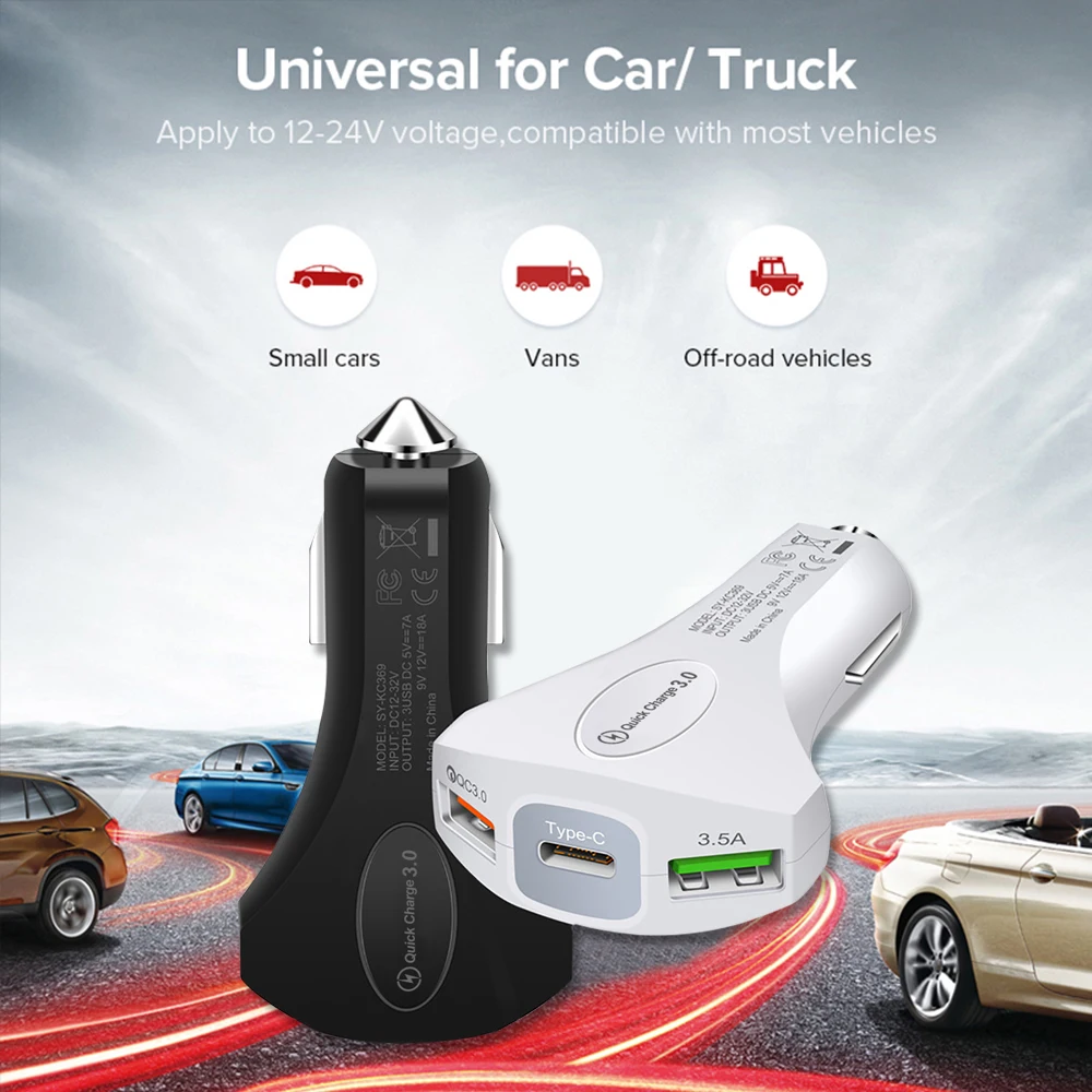 3 0 зарядных порта USB для автомобиля Зарядное устройство Безопасность молоток