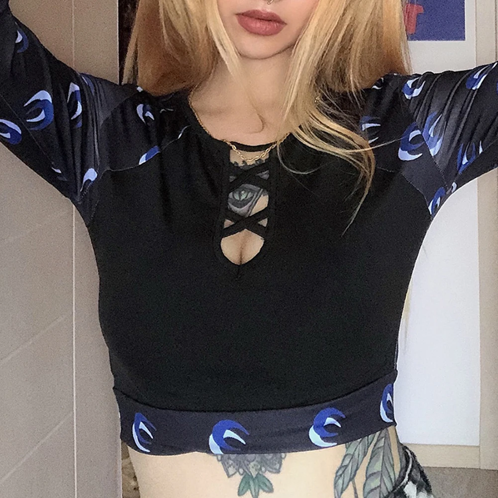 Y2K EGIRL Готическая Луна Partten лоскутные сексуальные футболки Harajuku с вырезами