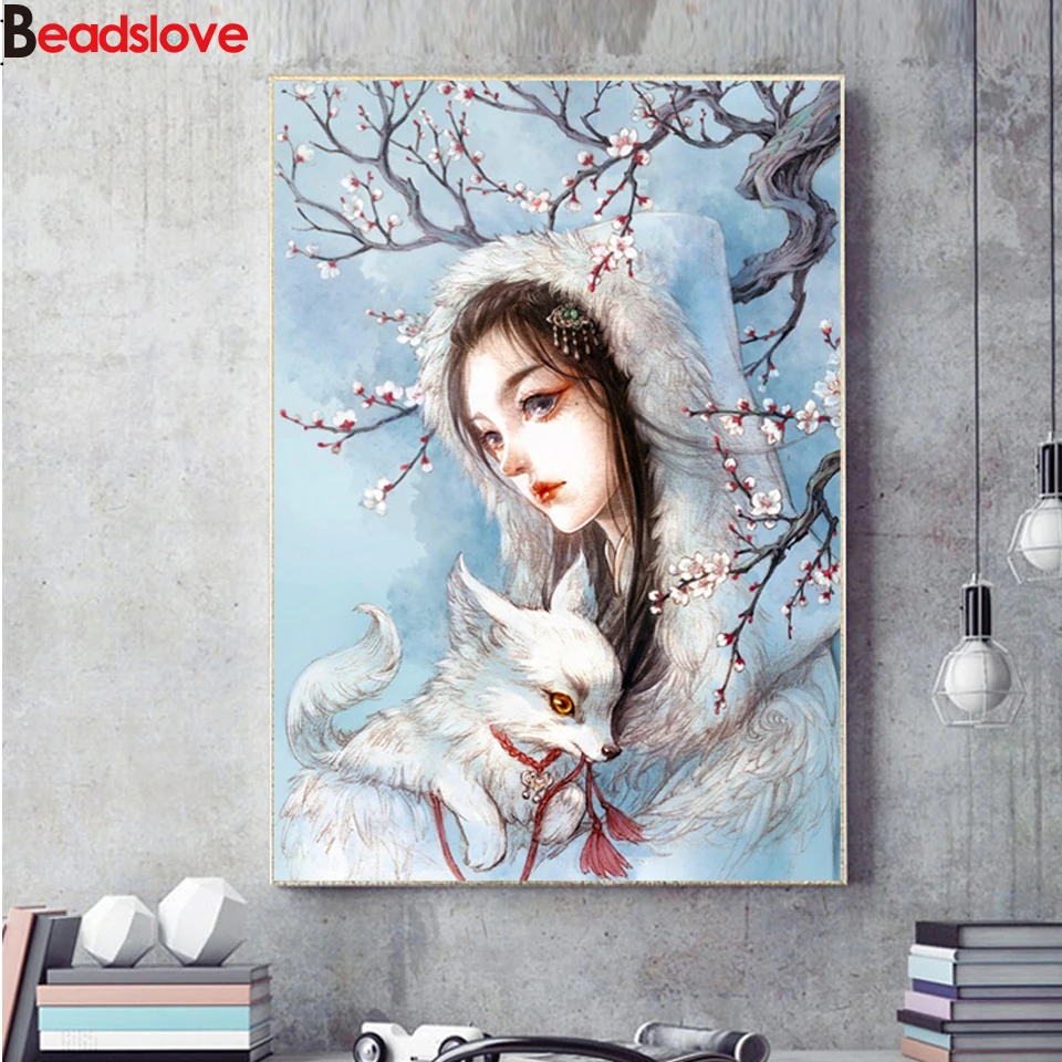 

Алмазная вышивка «сделай сам», Классическая красота и белая лиса, полноразмерная круглая алмазная живопись, Набор для вышивки крестиком, 5D ...