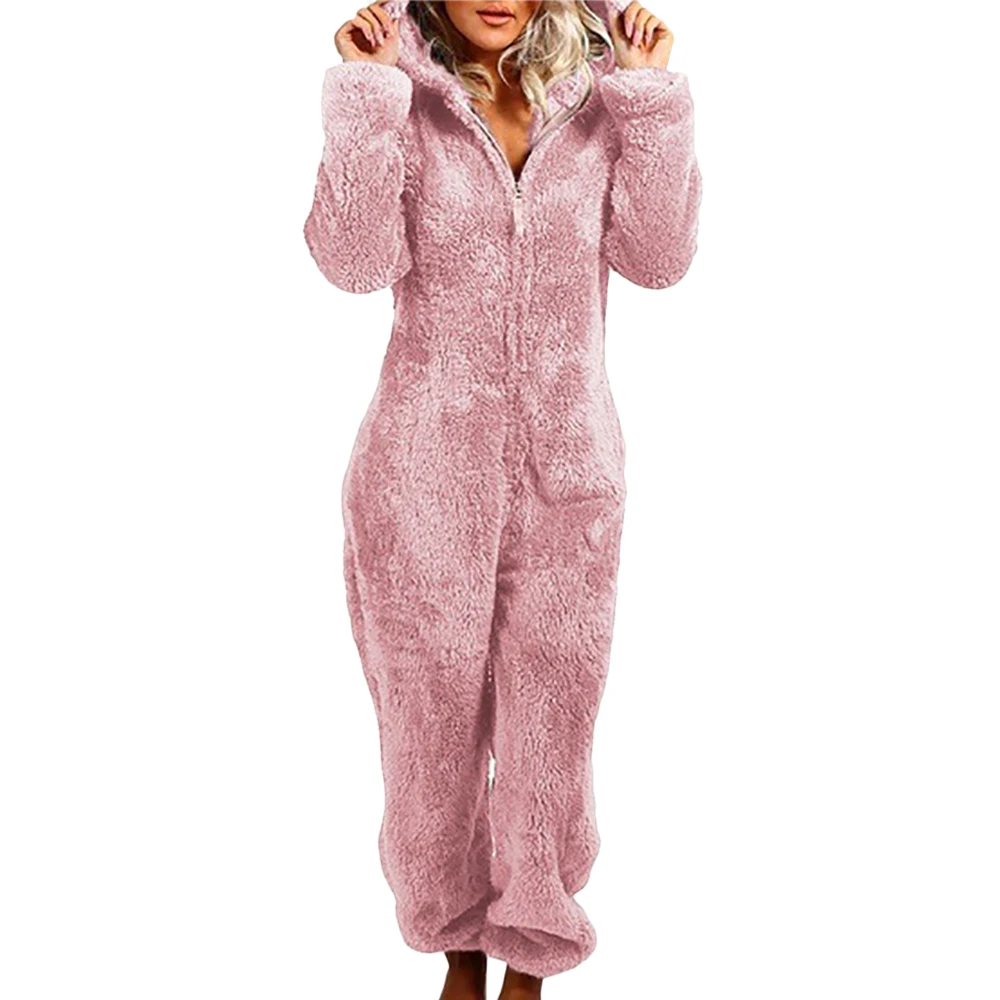 

Women Jumpsuit Sleepwear Onesies Solid Faux Fur Zipper Hooded Romper Women Clothing Winter Home Clothes Pajamas Romper for Women