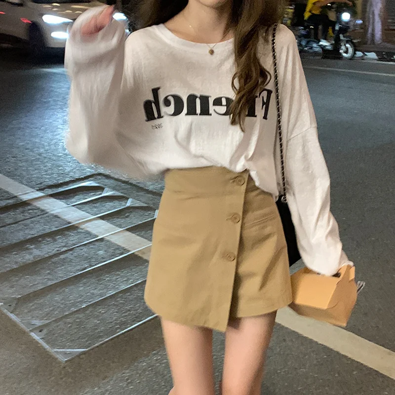 

INS Best-Selling Long Sleeve T-shirt Women's Autumn Korean Style Chic Design Letter Print BF Lazy Bottoming Shirt Loose Top