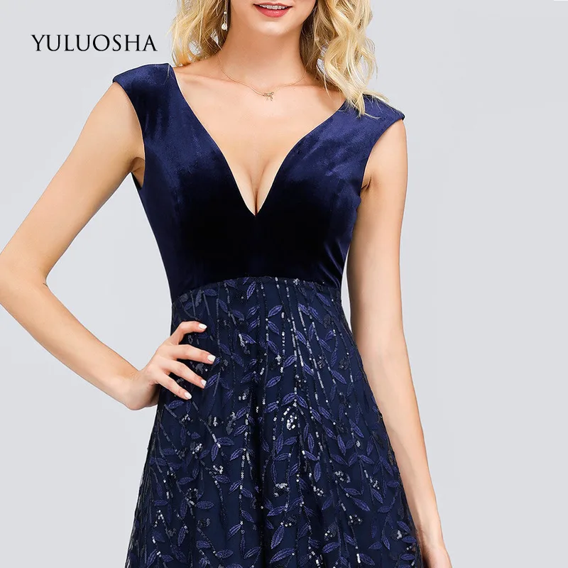 

YULUOSHA Sexy Evening Dress Appliques Lace Sequined A-Line Sleeveless Dress Elegant Vestido Largo Fiesta Noche Elegante