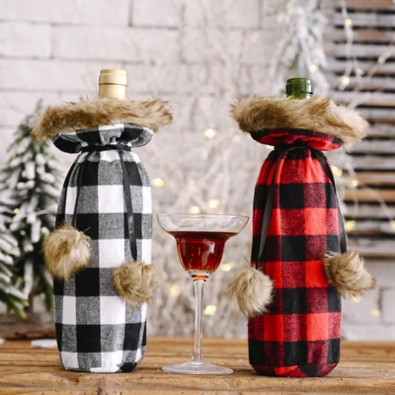 

Christmas Celebration Supplies Pompom Lattice Wine Bottle Cover Creative New Red And Black Wine Bottle Bag Wine Cover Wine Cover