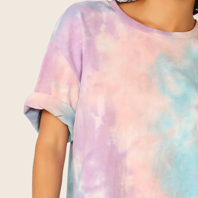 

Zoulv 2021 Spring Summer Casual Fashion Tie Dye Cutton Ladies Dress O Neck Short Sleeve Loose Waist Chic Women's Dress