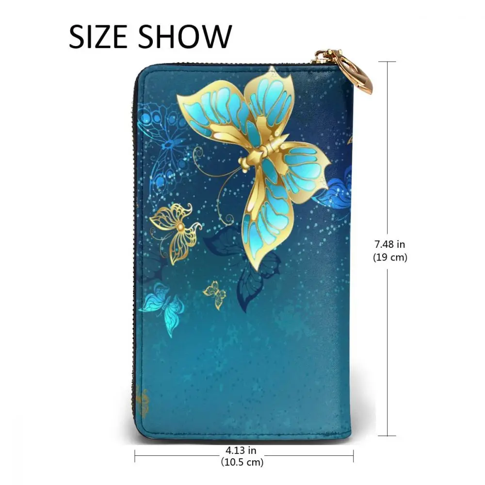 

2021 Fashion Long Leather Wallets Flying Gold Jewelry Butterfly On Blue Unisex Classic Purse Zipper Wallet with Card Holder