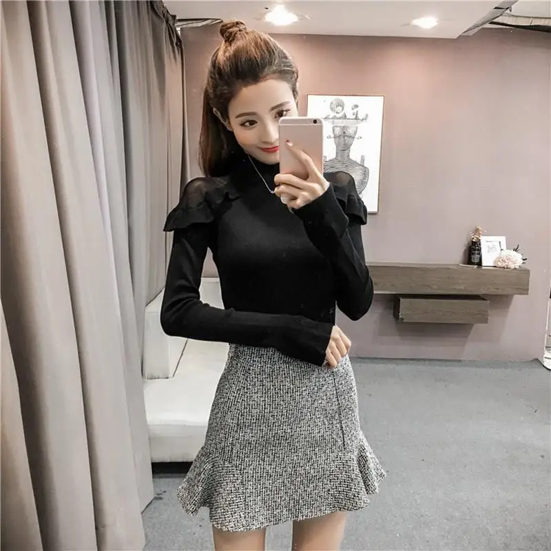 2019 Women Casual Solid Mesh Sweater Elasticity Long Sleeve Ruffles Slim Turtleneck Knitted Pullovers Jumper | Женская одежда