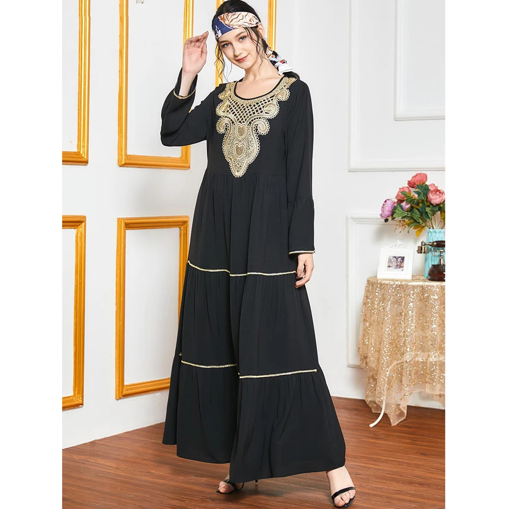 

Elegant Women Embroidery Long Dress Muslim Maxi Robe Abaya Arab Jilbab Kaftan Ramadan O-neck Long Sleeve Gown Middle East Islam