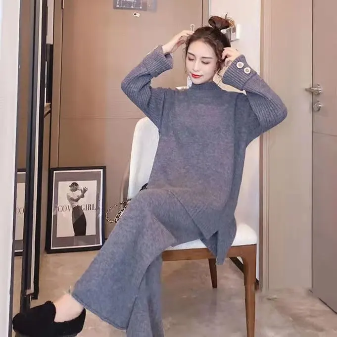 

Осенние комплекты, женские осенние корейские вязаные свитера, костюмы с высоким воротником, офисные повседневные свободные однотонные дли...