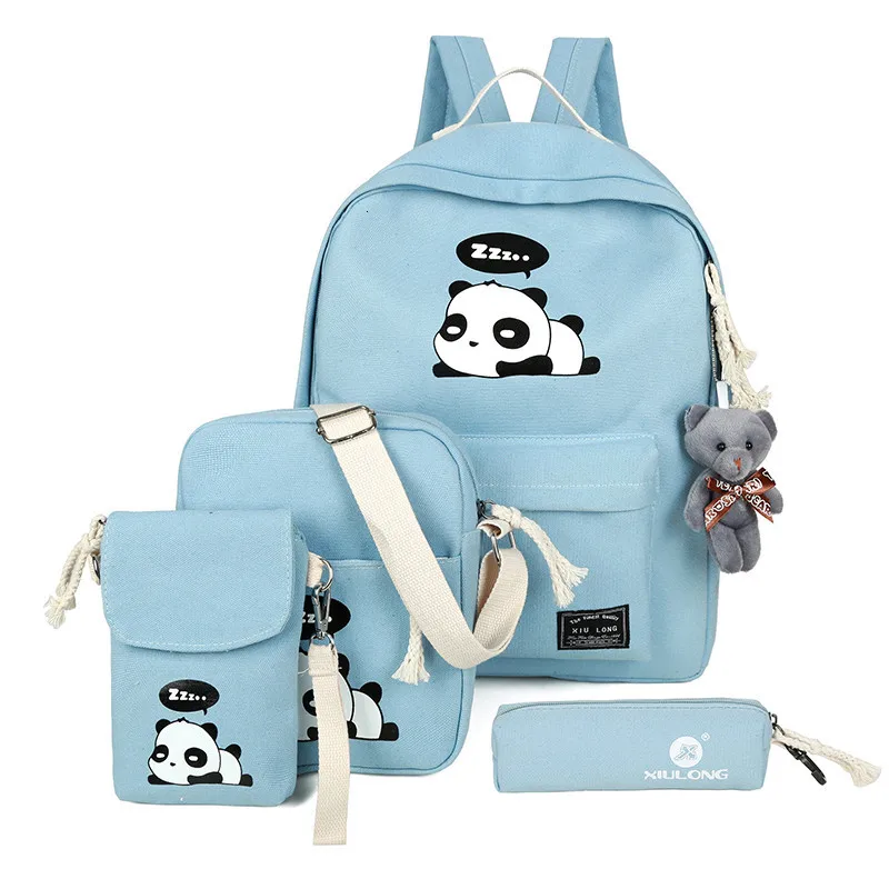 4piece Canvas Cartoon Panda Printing Backpacks Thicken / Set Backpack Women Female Bag High-quality School Bags For Teen