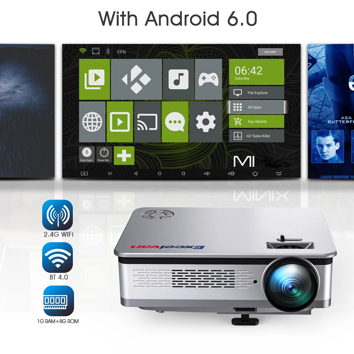Excelvan 1280*768 1G+ 8G Android 6,0 проектор BT 4,0 AV/VGA/HDMI/USB 3200 люмен 4:3/16:9 домашний кинотеатр светодиодный проектор+ клавиатура