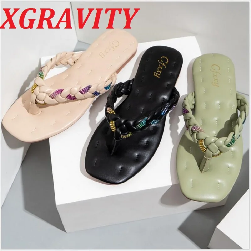 

Xgravity Weave дизайн Стразы Красочные тапочки Модные женские сланцы элегантные удобные женские шлепанцы женская обувь