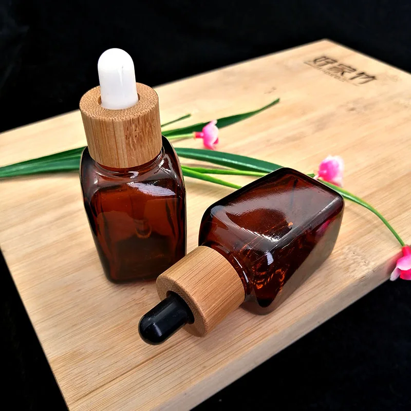 30ml amber square dropper bottle Eco-friendly bamboo cap Cosmetic essential oil aromatherapy Container packaging