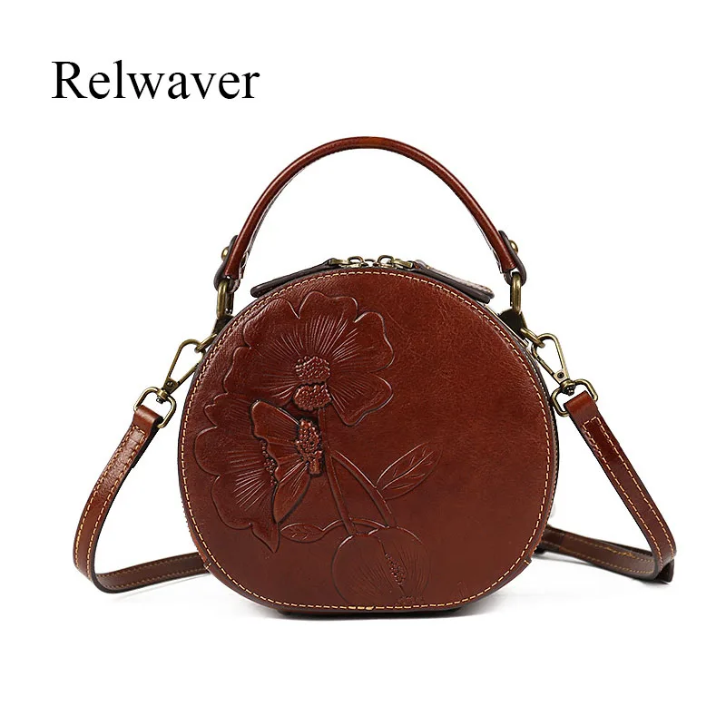 

Женская кожаная сумка-мессенджер Relwaver, винтажная мини-сумка с Цветочным Тиснением, круглая Наплечная Сумка в китайском стиле, вечерняя сумк...
