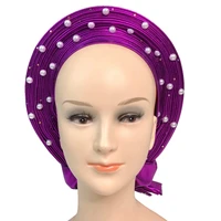 purple african auto gele aso oke headties with stones pearls muslim turban caps nigerian wedding gele ready to wear hats