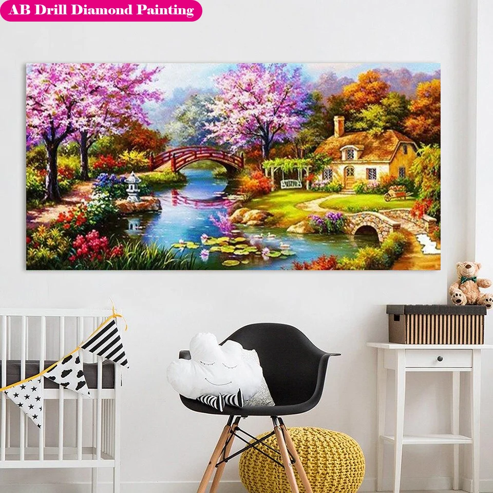 

Large Size 5D DIY AB Diamond Painting Kits Velvet Cloth Diamond Embroidery Zip Bags Diamond Scenery House Bridge Diamond Mosaic