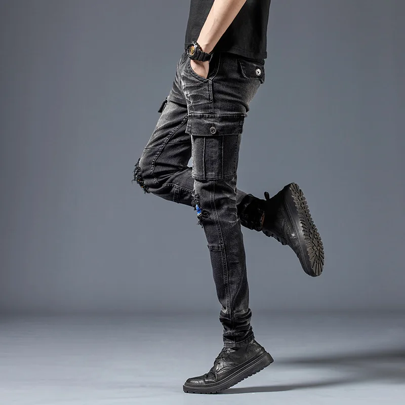 Men's Multi-Pocket Black Stretch Jeans Fashion Streetwear Denim Trousers Biker Male Casual Straight Slim Ripped Motorcycle Pants