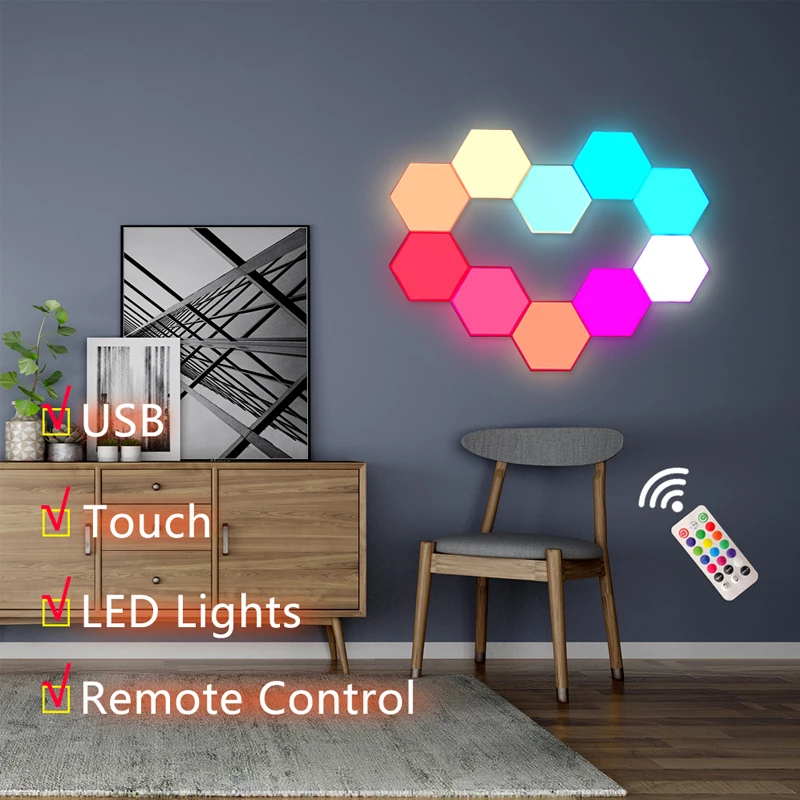 

RGB USB Quantum Lamp Splicing Hexagonal Wall Lamp Remote Control Creative New Touch Double Control Colorful Wall Honeycomb Lamp