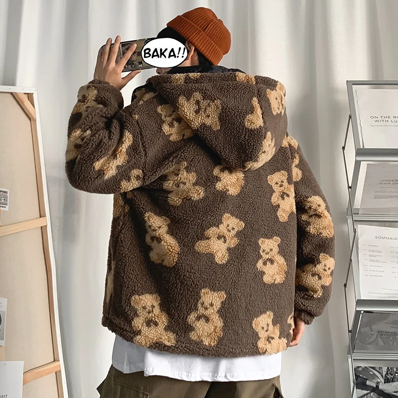 Men's Winter Jacket Velvet Covered Bear Lambs Wool Cotton-padded Clothes Loose Male Lovers Warm Thick Coat  Fleece Jackets Mens