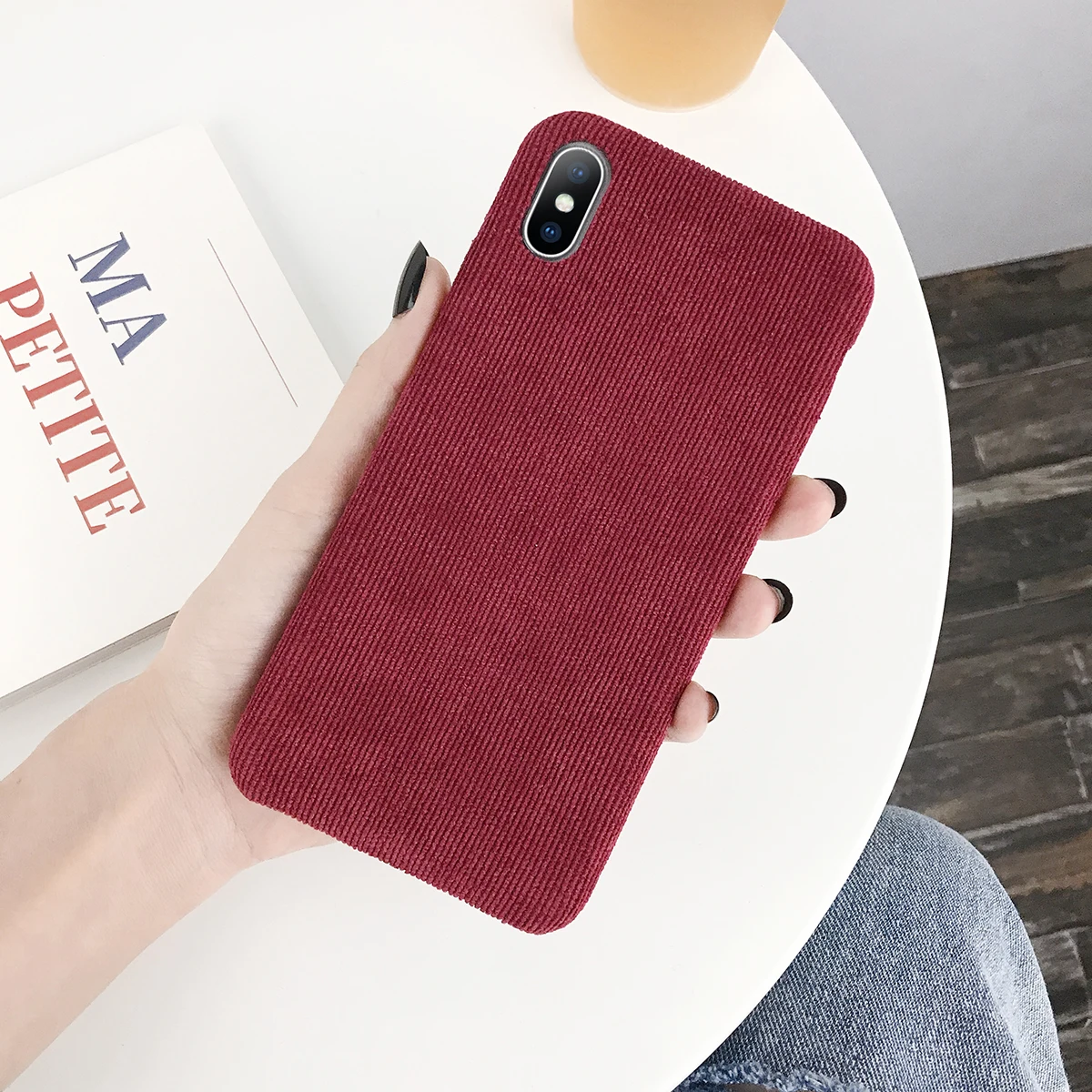 Ottwn Phone Case For iPhone 11 X XR XS Max Corduroy Cloth Texture Case For iPhone 6 6s 7 8 Plus Warm Fabric Fuzzy Soft PU Cover - Цвет: Бордовый