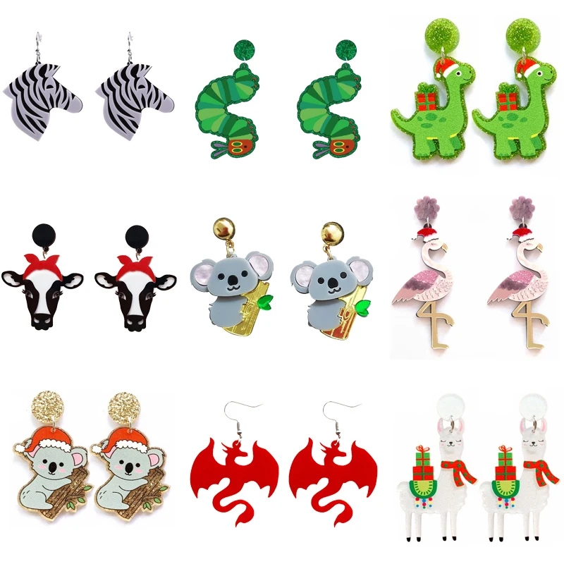 Donarsei Cute Dragon Animal Acrylic Earrings For Women Fashion Cartoon Caterpillar Cow Dinosaur Koala Fish Pigeon Drop Earrings