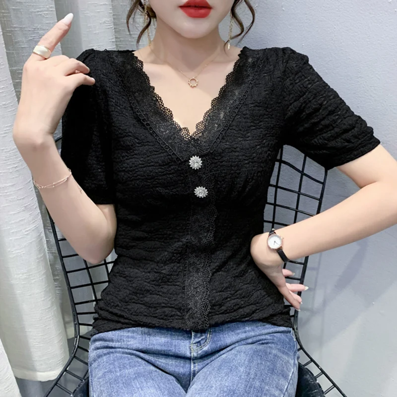 

2021 Summer Short Sleeve Women's Tops Shirt Elegant Slim Sexy V-Neck Lace T-Shirt Plus Size Solid Color Blusas