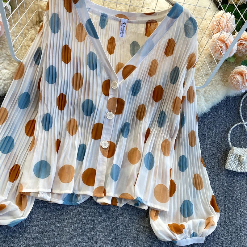 

French Pleated Dot Blouses Women V Neck Puff Sleeve Single Breasted Cardigan Autumn Chic Korean Streetwear Blouse