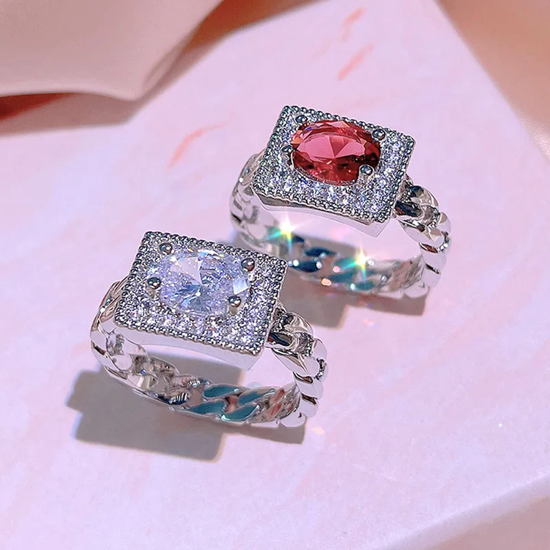 

Real 925 Stamp Square Cut Big Red White Zircon Wedding Chain Rings for Women Bride Engagement Eternity Fashion Jewelry