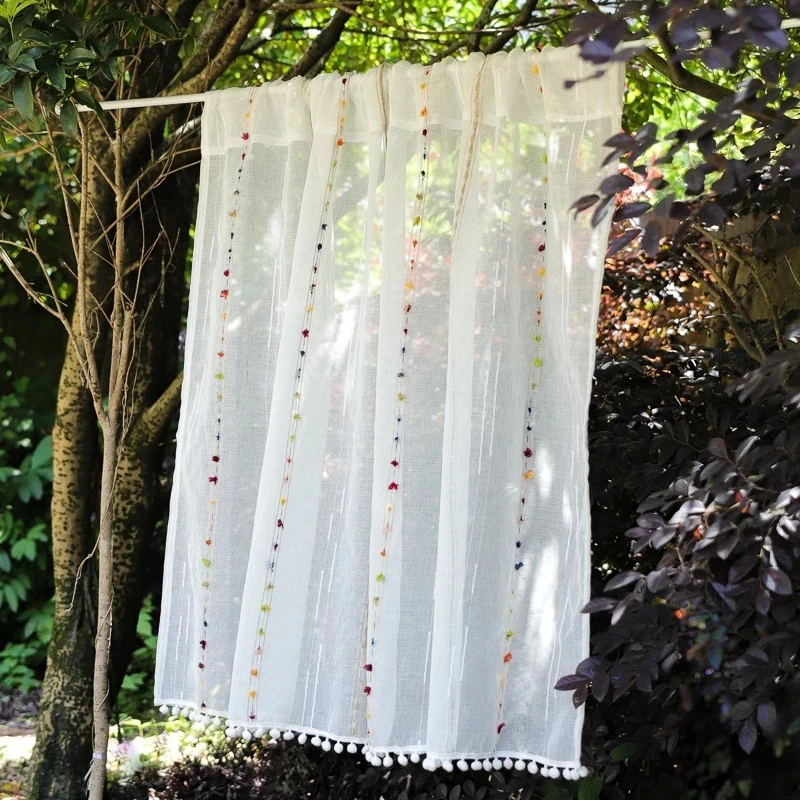 Полотно Полосатое с вышивкой из льна Короткая занавеска для детской спальни