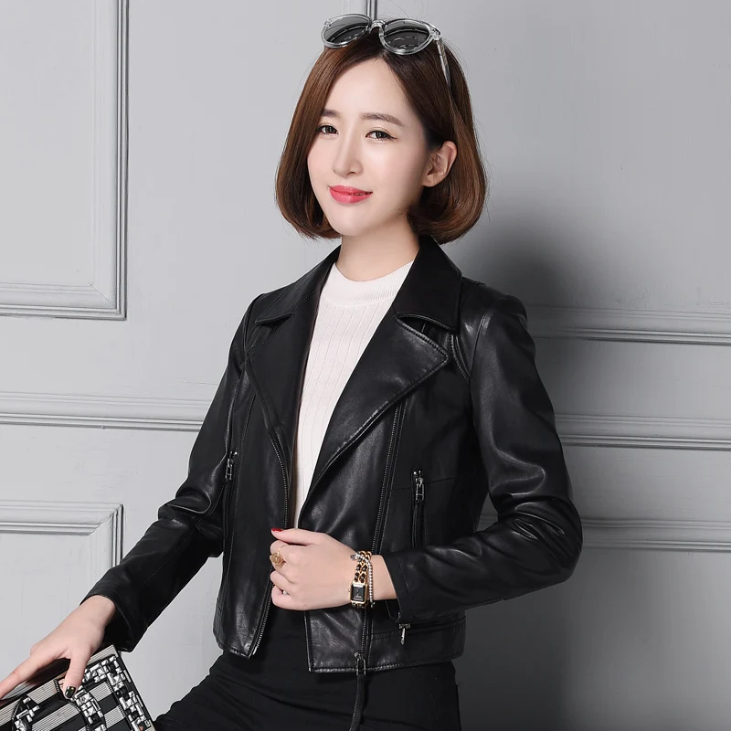 

Geben spring and autumn leather motorcycle leather coat Women Short slim sheep leather jacket jacket jacket collar