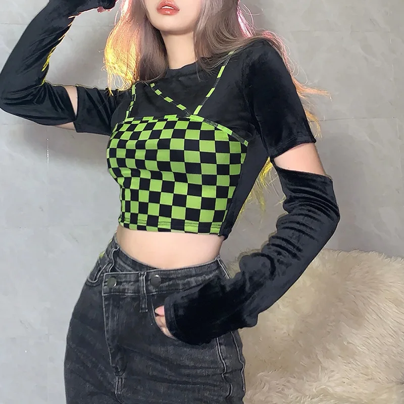 

2021 Autumn New Women Patchwork Tshirt Sexy Long Sleeve Crop Top Fashion Wearing Y2k Women Vintage Streetwear Women