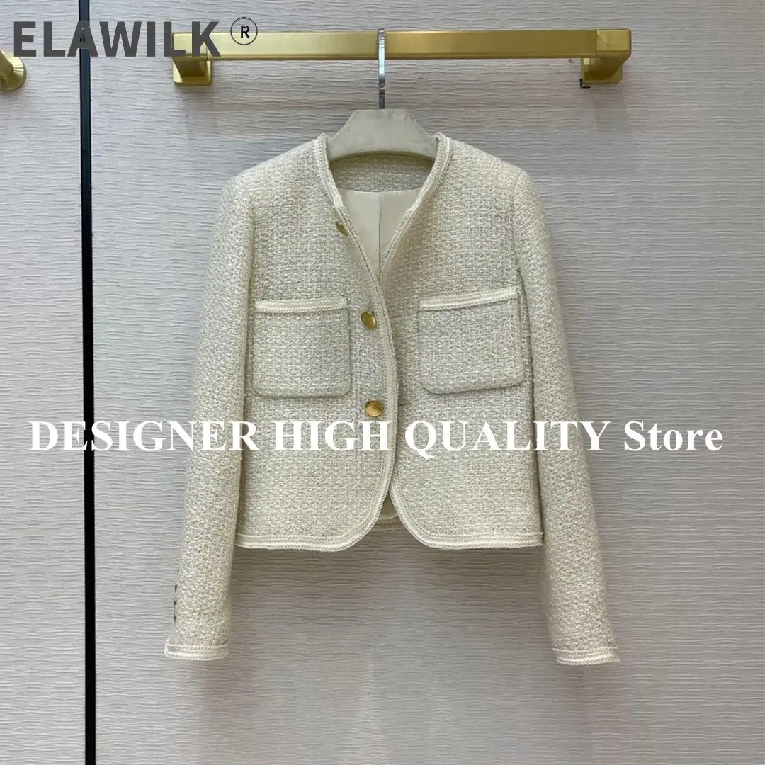 

Женская твидовая куртка с круглым вырезом, подиумная однотонная Повседневная приталенная куртка из 58%-ной шерсти с тремя пуговицами и карма...