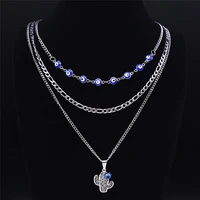 3pcs fashion blue turkey eye stainless%c2%a0steel pendant necklace women cactus layer necklace jewelry collier femme n1848s04